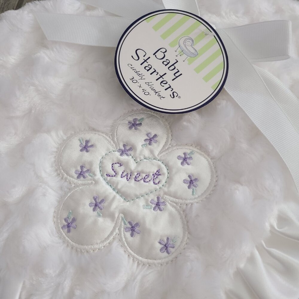 Baby Starters NEW White Plush Satin Trim Blanket 30"x40" Sweet Flower Embroidery - Picture 3 of 5